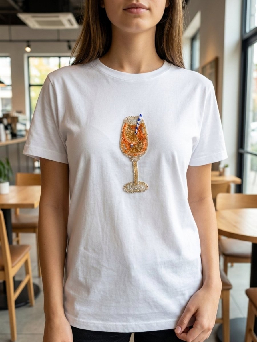 Women White With Gold Cocktail Motif Embellished Regular Fit Tshirts - GAIIA